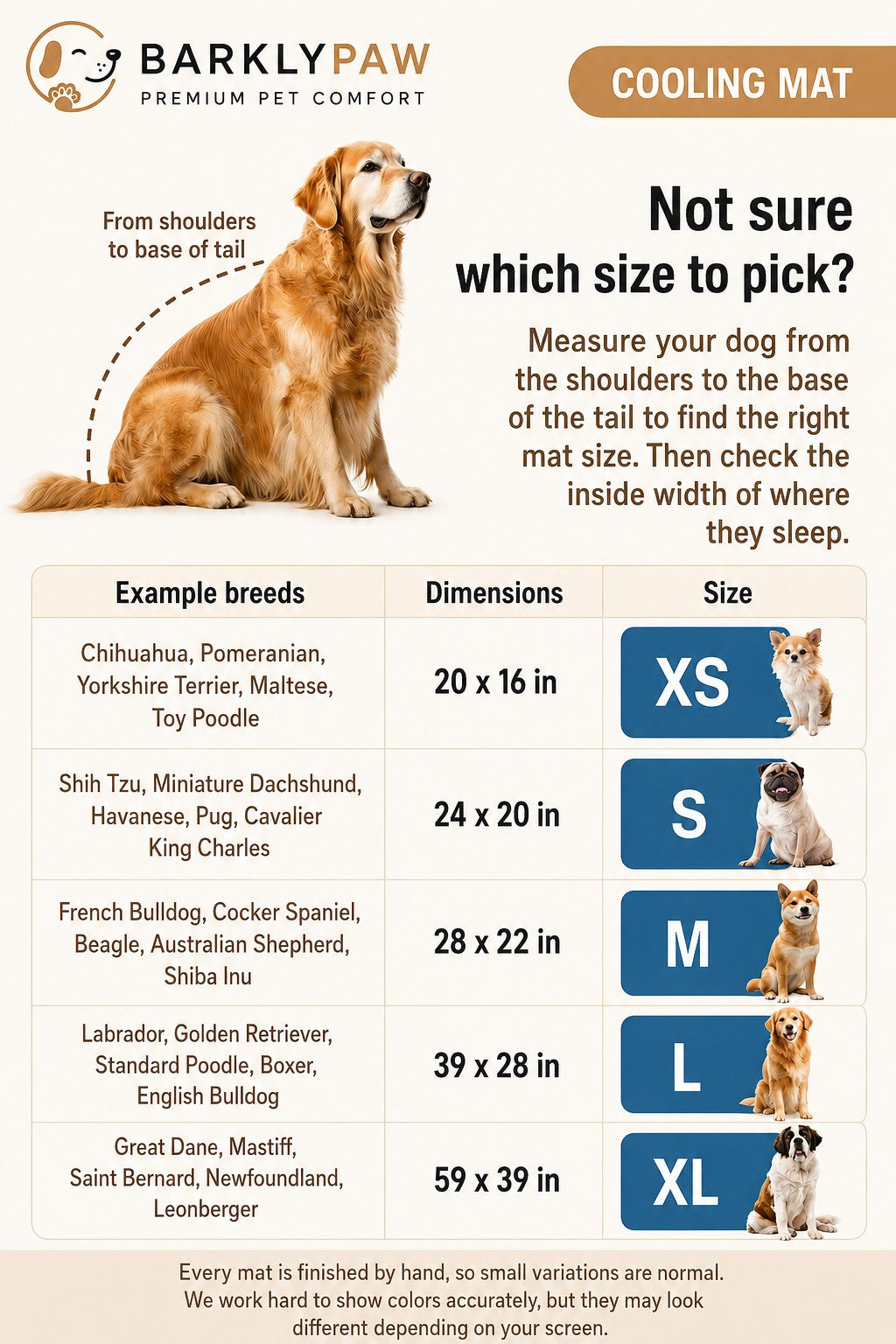 BarklyPaw cooling mat size guide