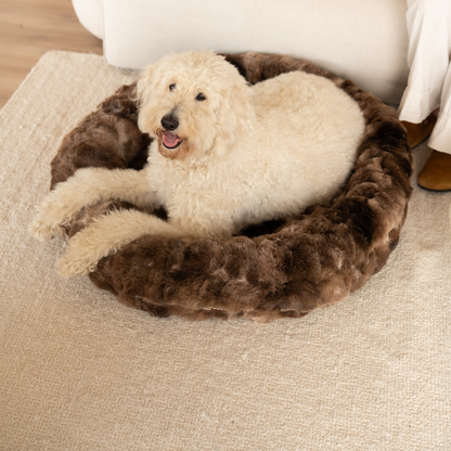 Luxurious faux-fur donut bed with a dog curled up in it