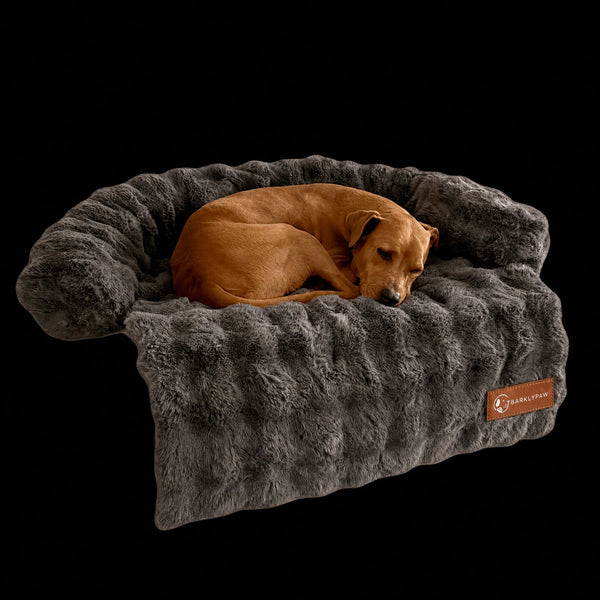 Luxurious faux-fur sofa bed for dogs with a dog resting on it