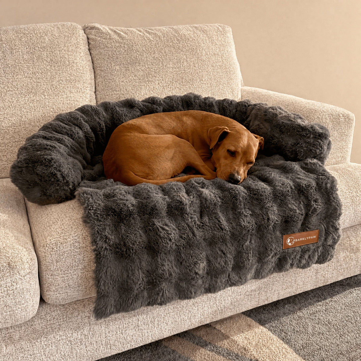Luxurious faux-fur sofa bed for dogs with a dog resting on it