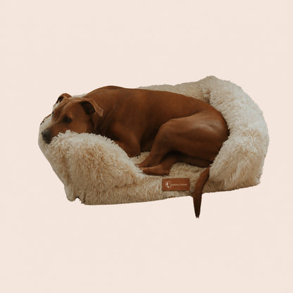 Orthopedic calming dog bed with faux-fur walls